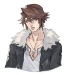  1boy black_jacket blue_eyes bright_pupils brown_hair collarbone cropped_torso english_commentary final_fantasy final_fantasy_viii fur-trimmed_jacket fur_trim jacket jewelry looking_to_the_side male_focus necklace open_clothes open_jacket parted_lips pectorals shirt short_hair simple_background solo squall_leonhart upper_body v-neck white_background white_shirt xin_(cveol) 