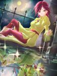  1girl blush breasts clear_glass_(mildmild1311) dress futari_wa_precure_splash_star highres hyuuga_saki jewelry kiryuu_michiru magical_girl moon night precure red_eyes red_hair reflection short_hair sitting small_breasts smile water 