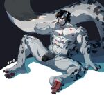 abs anthro blood bodily_fluids claws feet felid fur genitals hi_res male mammal muscular nipples nude pantherine pawpads penis snow_leopard solo white_body white_fur wounded yuntian zong_wumi