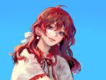  1girl akatsuki_no_yona bad_id bad_twitter_id blue_background commentary_request earrings hair_between_eyes jewelry korean_commentary looking_at_viewer medium_hair neck_ribbon purple_eyes red_hair ribbon solo upper_body yona_(akatsuki_no_yona) yona_hyeon 