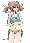  1girl ari_(ari_m34) bikini blue_bikini brown_eyes commentary_request cowboy_shot double_bun hair_bun highres kantai_collection light_brown_hair looking_to_the_side medium_hair michishio_(kancolle) one-hour_drawing_challenge short_twintails side-tie_bikini_bottom solo standing swimsuit twintails twitter_username 