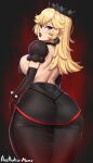  1girl absurdres aestheticc-meme ass ass_focus blonde_hair blue_eyes breasts crown earrings elbow_gloves gloves gothic highres huge_ass jewelry large_breasts long_hair looking_at_viewer mario_(series) multiple_views open_mouth princess_peach wide_hips 
