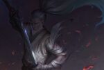  1boy absurdres aged_up bandaged_arm bandages beard closed_eyes closed_mouth facial_hair foreseen_yasuo grey_hair highres holding holding_sword holding_weapon katana league_of_legends old old_man ponytail sheathing sword thai_thanh weapon yasuo_(league_of_legends) 