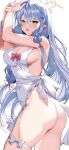  1girl apron ass blue_archive blue_hair breasts green_eyes halo highres large_breasts long_hair mine_(blue_archive) naked_apron pointy_ears shiben_(ugvu5784) solo 