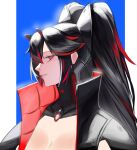  1girl absurdres black_hair black_jacket fake_horns hair_between_eyes headgear highres horns jacket long_hair lucia:_plume_(punishing:_gray_raven) lucia_(punishing:_gray_raven) mafrn3_(g03s) mechanical_parts multicolored_hair parted_lips punishing:_gray_raven red_eyes red_hair sidelocks small_horns solo streaked_hair twintails 