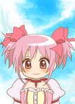  bad_id bad_pixiv_id choker hair_ribbon kaname_madoka mahou_shoujo_madoka_magica myua pink_eyes pink_hair puffy_sleeves ribbon short_twintails smile solo twintails 