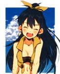  beyond_the_vibes black_hair blush breasts cleavage closed_eyes earrings fang ganaha_hibiki hoop_earrings idolmaster idolmaster_(classic) jewelry long_hair medium_breasts midriff navel open_mouth ponytail s.o_chin smile solo vest 
