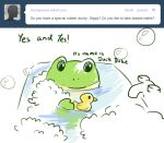 amphibian anthro ask_blog bath blue_eyes bubble english_text faucet frog green_body green_skin holding_object male nintendo reflection rubber_duck slippy_o&#039;donnell slippy_toad smile solo star_fox text tumblr
