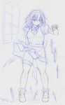  braid full_body izayoi_sakuya kasuga_yukihito knife maid maid_headdress mary_janes monochrome panties pantyshot shoes short_hair sketch solo touhou traditional_media twin_braids underwear white_background wind wind_lift work_in_progress 