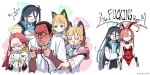  1boy 5girls absurdly_long_hair absurdres anger_vein angry angry_video_game_nerd animal_ear_headphones animal_ears aris_(blue_archive) bare_shoulders blonde_hair blue_archive blue_necktie bow bowtie braid breasts brown_hair cat_ear_headphones closed_mouth collarbone collared_shirt commentary_request constricted_pupils controller covered_navel crossover crying detached_collar doodle_shark electric_guitar english_text fake_animal_ears forehead game_controller game_development_department_(blue_archive) guitar halo headphones highres holding holding_controller holding_game_controller instrument jacket james_rolfe korean_commentary leotard long_hair midori_(blue_archive) mixed-language_commentary mole mole_under_eye momoi_(blue_archive) multiple_girls necktie neru_(blue_archive) neru_(bunny)_(blue_archive) official_alternate_costume one_side_up open_mouth orange_hair parted_bangs playing_games playing_guitar pointing profanity red_bow red_bowtie red_leotard shirt short_hair short_sleeves small_breasts smile sukajan swept_bangs traditional_bowtie twitter_username very_long_hair white_jacket white_shirt yuzu_(blue_archive) 