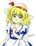  1girl 2023 :d apron blonde_hair blue_dress collared_shirt dated dress hair_between_eyes hand_up hat hat_ribbon kana_anaberal nonamejd official_style puffy_short_sleeves puffy_sleeves red_ribbon ribbon shirt short_hair short_sleeves simple_background smile solo touhou touhou_(pc-98) white_apron white_background white_shirt yellow_eyes zun_(style) 