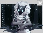  1girl artist_name body_fur bow_(weapon) character_name furry furry_female glowing glowing_eyes grey_background grey_fur highres holding holding_bow_(weapon) holding_weapon horns kindred_(league_of_legends) lamb_(league_of_legends) league_of_legends long_hair looking_at_viewer mask rampazh tree two-tone_fur upper_body weapon 