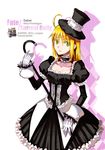  artoria_pendragon_(all) blonde_hair cane fate/stay_night fate_(series) gloves gothic_lolita green_eyes hat highres juliet_sleeves kokutou_akiba lolita_fashion long_sleeves puffy_sleeves saber solo top_hat white_gloves 