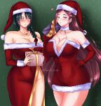  2girls absurdres alternate_costume bare_shoulders blowing_kiss blush braid braided_ponytail breasts christmas cleavage dress earrings fire_emblem fire_emblem_heroes fur-trimmed_dress fur-trimmed_gloves fur-trimmed_headwear fur_collar fur_trim gift glitter gloves green_hair griff hair_ornament hand_on_own_hip hat heart highres holding jewelry large_breasts lips loki_(fire_emblem) long_hair looking_at_viewer multiple_girls necklace plunging_neckline purple_eyes purple_hair red_dress santa_dress santa_gloves santa_hat shadow short_dress side_slit simple_background single_braid strapless strapless_dress thighs thorr_(fire_emblem) yellow_eyes 