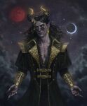  1boy absurdres bbergolts black_hair black_jacket black_sclera cloud colored_sclera crescent_moon demon_boy earrings glasses gold_trim highres horns jacket jewelry long_hair looking_at_viewer moon night original red_moon round_eyewear sky solo star_(sky) starry_sky yellow_eyes 