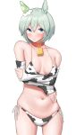  1girl absurdres alternate_costume animal_ears animal_print bare_shoulders bell belt_choker bikini blue_eyes blush breasts commentary_request cow_print cow_print_bikini cowbell cowboy_shot crossed_arms detached_sleeves ear_covers grey_hair hair_between_eyes highres horse_ears horse_girl looking_at_viewer medium_breasts navel open_mouth print_bikini seiun_sky_(umamusume) short_hair side-tie_bikini_bottom simple_background single_ear_cover solo sukenoha swimsuit umamusume white_background 