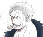  1boy facial_hair frown highres looking_at_viewer male_focus mature_male medium_sideburns one_piece portrait sanpaku scar scar_on_face scar_on_forehead short_hair sideburns_stubble smoker_(one_piece) smoking solo sparse_stubble stitches stubble sweat tsurime very_sweaty white_hair yamakazi47 