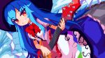  1girl black_headwear blue_hair blue_skirt bow bowtie brodall_pixel center_frills commentary dutch_angle english_commentary frills grin guitar highres hinanawi_tenshi holding holding_instrument instrument long_hair looking_at_viewer pixel_art puffy_short_sleeves puffy_sleeves red_bow red_bowtie red_eyes shirt short_sleeves sidelocks skirt smile solo touhou very_long_hair white_shirt 