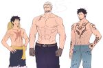  3boys abs arms_at_sides bara cowboy_shot denim facial_hair highres jeans large_pectorals looking_at_another love_triangle male_focus mature_male medium_sideburns monkey_d._luffy multiple_boys muscular muscular_male navel nipples one_piece pants pectorals scar scar_on_face scar_on_forehead short_hair sideburns_stubble smoker_(one_piece) sparse_stubble standing stitches stubble toned toned_male trafalgar_law tsurime white_hair yamakazi47 yaoi 