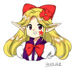  1girl 2023 :d blonde_hair bow bowtie dated elis_(touhou) facial_mark flower hair_bow hair_flower hair_ornament long_hair long_pointy_ears nonamejd official_style pointy_ears puffy_sleeves purple_eyes red_bow red_bowtie red_flower simple_background smile solo star_(symbol) star_facial_mark touhou touhou_(pc-98) upper_body white_background zun_(style) 