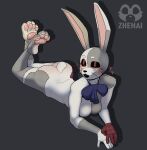 &lt;3 4_toes 5_fingers anthro bow_ribbon bow_tie breasts butt eyelashes eyeshadow feet female fingers five_nights_at_freddy&#039;s five_nights_at_freddy&#039;s:_security_breach grey_background hi_res lagomorph leporid lying makeup mammal on_front one_eye_closed patch_(fabric) pawpads paws pupils rabbit rabbit_ears red_eyeshadow red_sclera scottgames scut_tail seam_(sewing) short_tail signature simple_background smile solo steel_wool_studios stitch_(sewing) tail toes vanny_(fnaf) whiskers wink zhenai