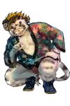 anthro asian_clothing clothing crouching east_asian_clothing eyewear felid fundoshi fur glasses happi_(clothing) hi_res japanese_clothing licho_(tas) lifewonders male mammal overweight pantherine popcornduck2 solo striped_body striped_fur stripes tiger tokyo_afterschool_summoners underwear white_body white_fur