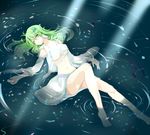  bad_id bad_pixiv_id bare_legs barefoot blush breasts detached_sleeves frog_hair_ornament green_eyes green_hair hair_ornament hair_tubes haruhi0816 kochiya_sanae long_hair lying medium_breasts navel open_clothes sarashi skirt snake solo touhou water wet wet_clothes 