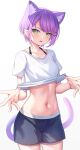  1girl absurdres animal_ear_fluff aoi_zerii black_shorts blush breasts cat_girl cat_tail collarbone ear_piercing gradient_hair green_eyes hair_ornament highres hololive looking_at_viewer medium_breasts multicolored_hair navel open_mouth piercing pink_hair purple_hair shirt short_hair shorts solo tail tokoyami_towa virtual_youtuber white_shirt x_hair_ornament 