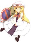  blonde_hair blush boots dress gigokku hat lolikari long_hair no_parking_sign road_sign sign sitting smile solo touhou yakumo_yukari younger 