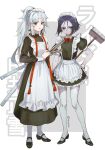  2girls alternate_costume apron black_dress black_footwear blue_eyes colored_skin dress earrings enmaided fate/grand_order fate/samurai_remnant fate_(series) frilled_apron frills grey_skin high_ponytail highres jewelry katana long_hair maid maid_apron maid_headdress mary_janes mop multiple_girls neck_ribbon parted_bangs puffy_short_sleeves puffy_sleeves red_ribbon rerchien ribbon rider_(fate/samurai_remnant) sheath sheathed shoes short_hair short_sleeves sword tassel tassel_earrings thighhighs waist_apron weapon white_apron white_hair white_wrist_cuffs yui_shousetsu_(fate) 