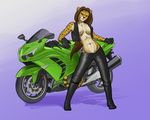  abs adonis bike biker boots breasts brown_hair cheetah cleavage clothed clothing feline female gloves hair invalid_tag leather mammal motorcycle pants pose skimpy smile solo spots vest 