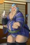 alcohol anthro asian_clothing belly beverage blue_hair blush bottomwear bottomwear_down brown_body brown_fur bulge clothed clothing conqueror_beelz east_asian_clothing fundoshi fur gouryou hair hi_res japanese_clothing kimono lifewonders male mammal overweight pants pants_down partially_clothed sake solo suid suina sus_(pig) tokyo_afterschool_summoners tusks underwear wild_boar