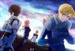  2girls audrey_burne banagher_links blonde_hair blue_eyes brown_hair gundam gundam_unicorn marida_cruz multiple_boys multiple_girls nochini orange_hair pilot_suit ponytail riddhe_marcenas 