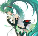 bridal_gauntlets center_opening green_eyes green_hair hatsune_miku hatsune_miku_(append) long_hair microphone microphone_stand navel necktie open_mouth simple_background solo thighhighs twintails very_long_hair vocaloid vocaloid_append white_background yupi_(yupi) 