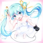  aqua_eyes aqua_hair aruciii bad_id bad_pixiv_id barefoot blurry blush character_name depth_of_field dress from_above hair_ribbon hatsune_miku headphones long_hair open_mouth ribbon solo strap_slip twintails very_long_hair vocaloid 