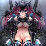  1girl absurdres blue_eyes blush bottomless breasts cleft_of_venus cockpit embarrassed helvetica_std highres mecha mechanical_parts microphone navel nipples non-web_source olina_volka_(helvetica_std) open_mouth original pussy red_hair robot sitting solo thighs twintails 