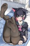  1girl absurdres animal_ears ass black_choker black_jacket black_panties blue_archive blurry blurry_background blush brown_pantyhose choker collarbone colored_inner_hair couch feet full_body halo highres hood hood_down hyouta_(yoneya) indoors jacket kazusa_(blue_archive) knees_together_feet_apart legs legs_up long_sleeves looking_at_viewer lying medium_hair multicolored_hair neckerchief no_shoes on_back on_couch open_mouth panties panties_under_pantyhose pantyhose pink_hair pink_neckerchief pleated_skirt red_eyes sailor_collar school_uniform skirt soles solo streaked_hair thighband_pantyhose toes underwear white_halo white_skirt 