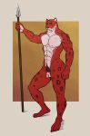 abs absurd_res anthro balls barefoot casual_nudity feet felid feline flaccid foreskin fur genitals hi_res holding_object holding_weapon humanoid_genitalia humanoid_hands leo_sus_art male mammal manly melee_weapon muscular muscular_anthro muscular_male nipples nude pantherine penis polearm red_body red_fur simple_background solo spear toes weapon