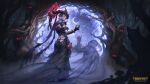  1girl absurdres black_skirt copyright_name covered_eyes gaston_aguilera ghost glowing glowing_eyes highres horns logo long_skirt nox_(smite) nox_(smite)_(witch_of_the_mire) official_alternate_costume red_eyes shirt short_hair skirt smite solo strapless tree tube_top white_shirt 