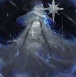  1girl absurdres blue_eyes cloak closed_mouth colored_skin dress elden_ring extra_arms glowing hat highres large_hat medium_hair nibanmachi_wakai night night_sky one_eye_closed own_hands_together ranni_the_witch sky solo sparkle star_(sky) starry_sky white_dress white_hair white_skin witch_hat 