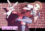  argyle argyle_background brown_eyes brown_hair dress fingerless_gloves flower gloves hairband idolmaster idolmaster_(classic) leg_up long_hair microphone microphone_stand minase_iori my_dear_vampire nail_polish ookami_maito red_footwear rose shoes solo stuffed_animal stuffed_bunny stuffed_toy thighhighs vampire_costume 