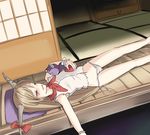  bare_legs blonde_hair closed_eyes cup gourd horn_ribbon horns ibuki_suika lying miyo_(ranthath) navel no_pants on_back open_door open_mouth outstretched_arm panties pillow porch ribbon sakazuki shirt side-tie_panties sleeping sleeveless sleeveless_shirt solo tatami touhou underwear untied veranda white_panties wrist_cuffs 