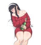  1girl alcohol black_hair blush bottle breasts cleavage closed_eyes drunk earrings gold_earrings hairband holding holding_bottle invisible_chair jewelry jk_arts large_breasts red_sweater sitting solo spy_x_family sweater white_background white_hairband yor_briar 