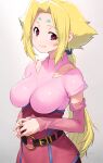  1girl belt blonde_hair blush breasts brown_belt closed_mouth collarbone detached_sleeves facial_mark fingernails fiona_(zoids) forehead_mark gradient_background grey_background highres kazuma_muramasa large_breasts long_hair looking_at_viewer pink_shirt pink_skirt ponytail red_eyes red_sleeves shirt simple_background skirt skirt_set smile solo zoids 
