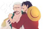  2boys blush facial_hair hand_on_another&#039;s_shoulder happy looking_ahead male_focus mature_male medium_sideburns monkey_d._luffy multiple_boys one_piece pectoral_cleavage pectorals scar scar_on_face scar_on_forehead short_hair sideburns_stubble smoker_(one_piece) sparse_stubble stitches stubble tsurime upper_body white_hair yamakazi47 yaoi 