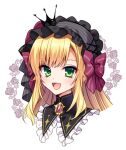  1boy :d black_bow black_hairband blonde_hair bow collar commentary_request crossdressing crown dot_nose eyelashes eyes_visible_through_hair floral_background frilled_collar frilled_hairband frills gem green_eyes hair_bow hairband highres jewelry long_hair looking_at_viewer mini_crown mise_yuzuki nijisanji official_alternate_costume official_alternate_hairstyle open_mouth otoko_no_ko portrait purple_bow purple_gemstone rose_background sidelocks smile striped_bow swept_bangs uzuki_kou uzuki_kou_(4th_costume) virtual_youtuber white_background 