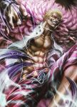  1boy abs artist_name blonde_hair clenched_teeth coat commentary donquixote_doflamingo earrings english_commentary evil_smile feather_coat jewelry male_focus one_piece open_clothes red-tinted_eyewear short_hair silk smile solo spider_web sunglasses teeth tinted_eyewear vinrylgrave white-framed_eyewear 