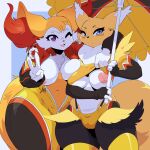 anthro bandai_namco big_breasts blue_eyes braixen breast_squish breasts camel_toe canid canine clothed clothing digimon digimon_(species) duo female fur generation_6_pokemon hi_res inner_ear_fluff juzztie legwear mammal nintendo nipples pokemon pokemon_(species) renamon simple_background squish tail thick_thighs thigh_highs tuft umbrella white_body white_fur yellow_body yellow_fur