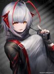  1girl arknights black_gloves black_jacket breasts dqn_(dqnww) fingerless_gloves gloves grey_hair holding horns jacket large_breasts looking_at_viewer open_clothes open_jacket red_eyes shirt short_hair smile solo w_(arknights) 