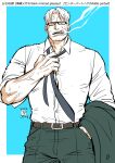  1boy adjusting_clothes adjusting_necktie alternate_costume alternate_hairstyle bara belt bespectacled bursting_pectorals cowboy_shot facial_hair glasses kokorozashi large_pectorals loose_necktie male_focus mature_male medium_sideburns muscular muscular_male necktie one_piece pants pectorals scar scar_on_face scar_on_forehead short_hair sideburns_stubble smoker_(one_piece) solo sparse_stubble stitches stubble sweat tsurime veins veiny_arms white_hair 